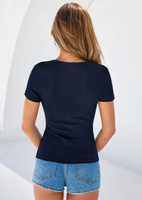 PRETTYGARDEN Womens Summer Short Sleeve Tops Spring Casual V Neck Henley Button Up T Shirts Dressy Ribbed Knit Blouses PRETTYGARDEN