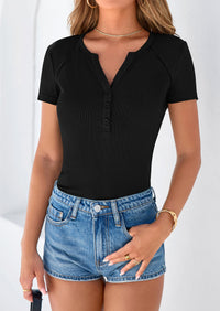 PRETTYGARDEN Womens Summer Short Sleeve Tops Spring Casual V Neck Henley Button Up T Shirts Dressy Ribbed Knit Blouses PRETTYGARDEN