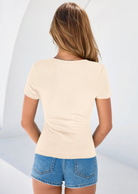 PRETTYGARDEN Womens Summer Short Sleeve Tops Spring Casual V Neck Henley Button Up T Shirts Dressy Ribbed Knit Blouses PRETTYGARDEN