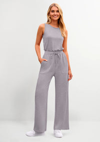 PRETTYGARDEN Womens Jumpsuits Summer Casual One Piece Outfits Sleeveless Wide Leg Long Pants Rompers