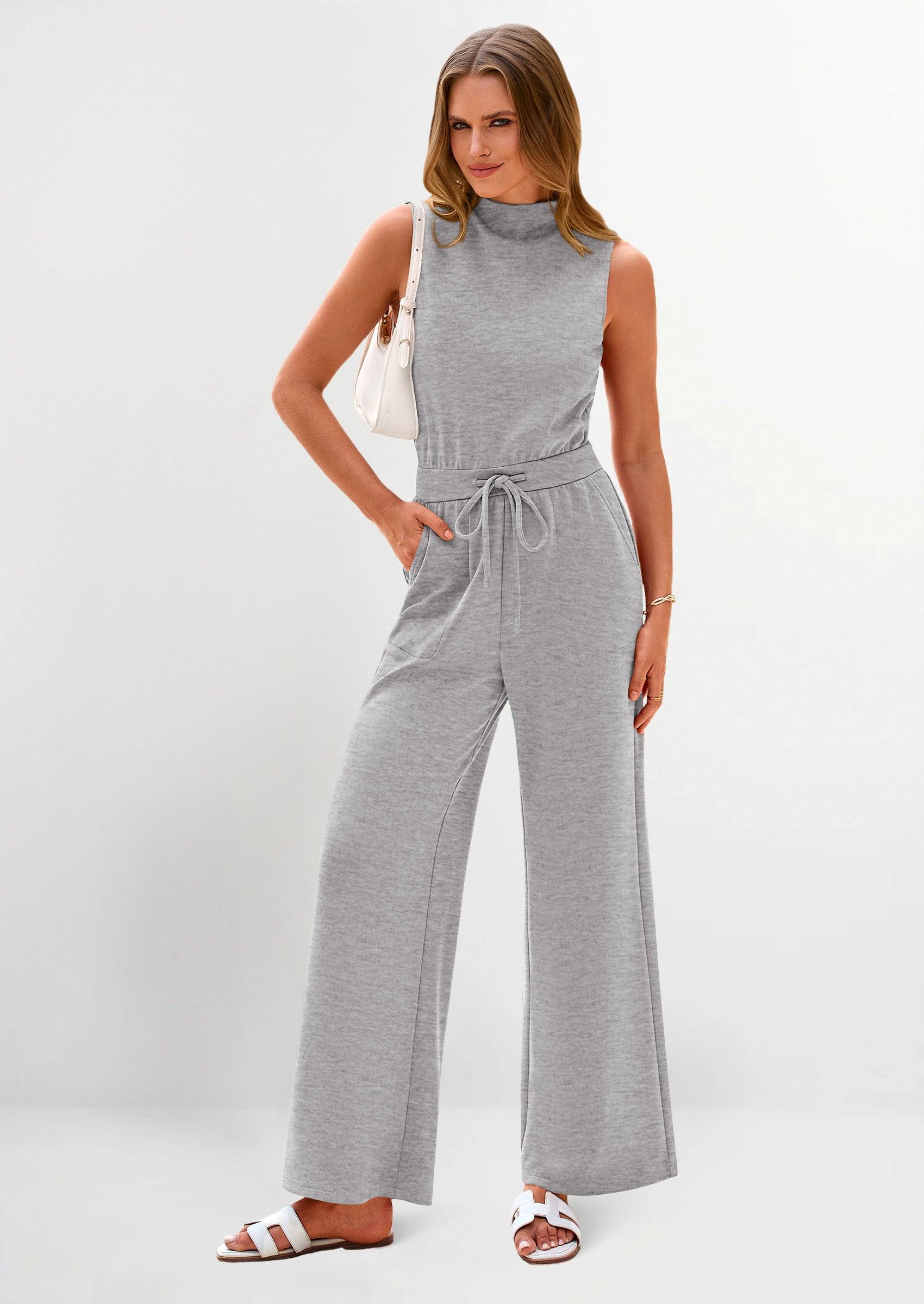 PRETTYGARDEN Jumpsuits Dressy Outfits Casual Sleeveless Mock Neck Wide Leg Pants Rompers