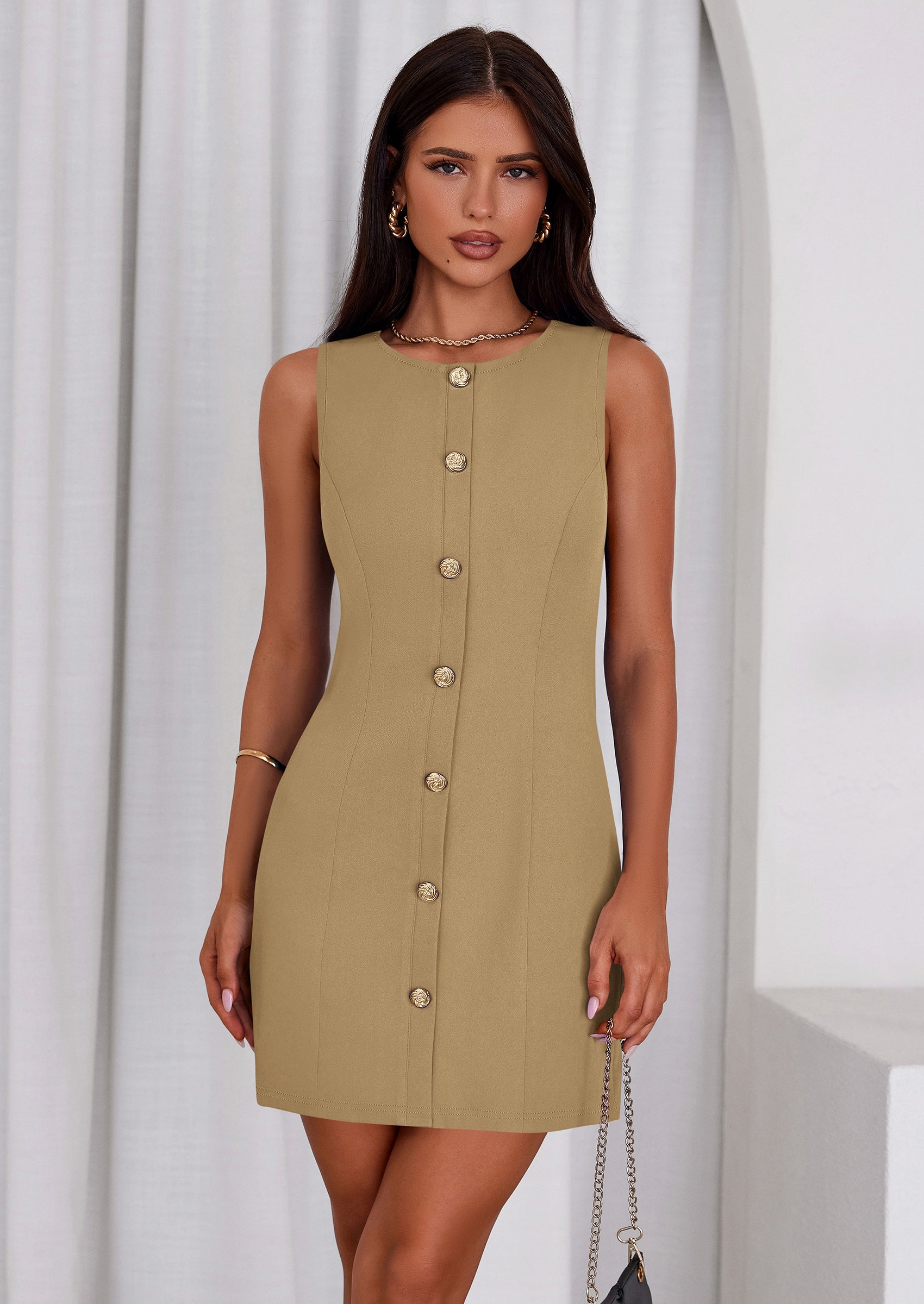 PRETTYGARDEN Work Dresses for Women Spring Business Formal Short Dress Sleeveless Button Down Elegant Office Outfits