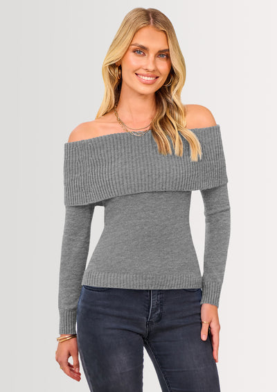 PRETTYGARDEN Women's Fall Off Shoulder Sweaters Y2K Long Sleeve Ribbed Knit Fitted Pullover Winter Date Night Tops Blouse