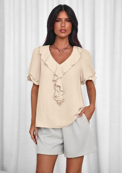 PRETTYGARDEN Women's Summer Dressy Casual Blouses Short Sleeve V Neck Ruffle Going Out Tops Shirt Trendy Spring Outfits PRETTYGARDEN