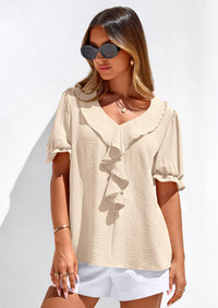 PRETTYGARDEN Women's Summer Dressy Casual Blouses Short Sleeve V Neck Ruffle Going Out Tops Shirt Trendy Spring Outfits PRETTYGARDEN