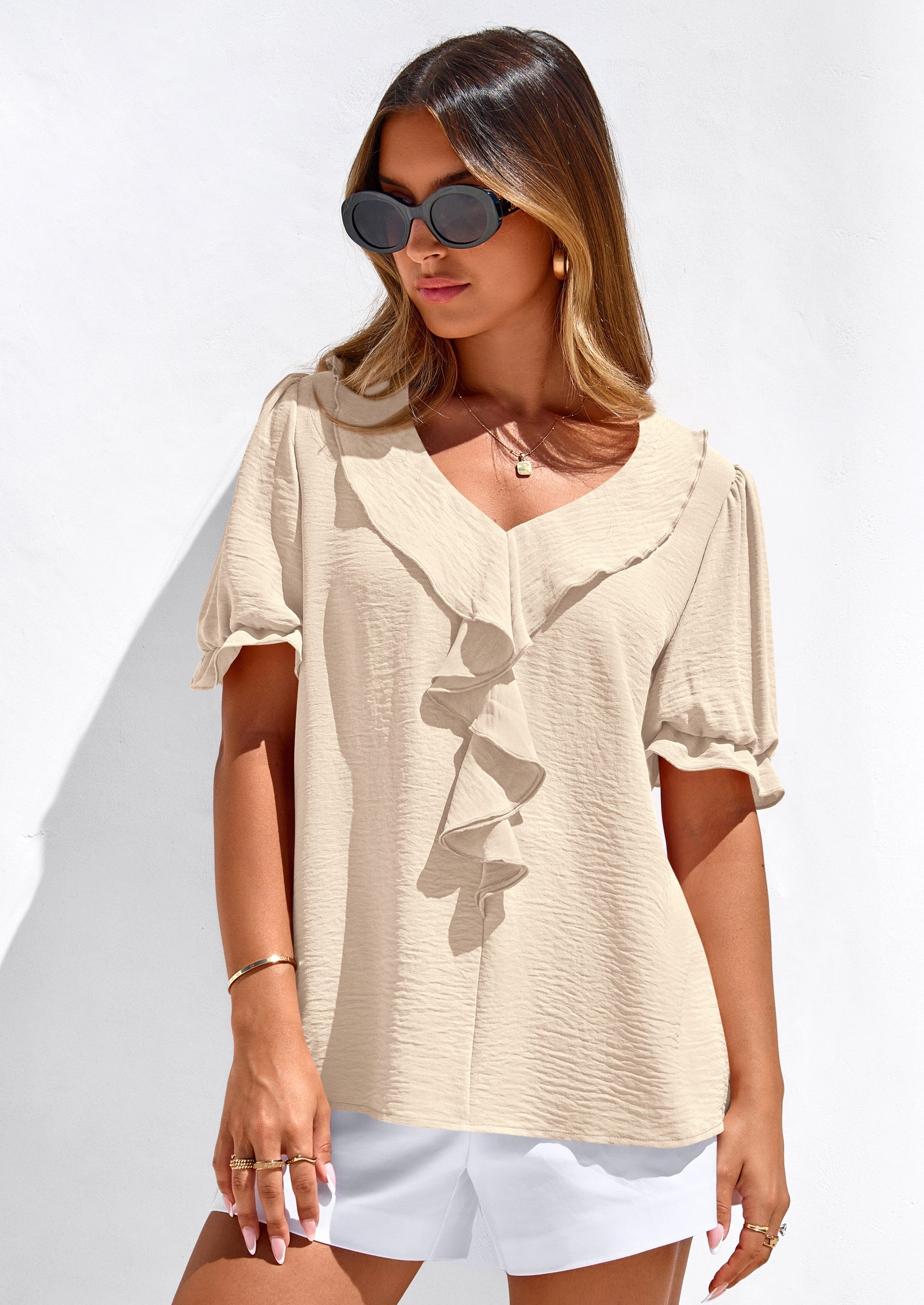 PRETTYGARDEN Women's Summer Dressy Casual Blouses Short Sleeve V Neck Ruffle Going Out Tops Shirt Trendy Spring Outfits PRETTYGARDEN