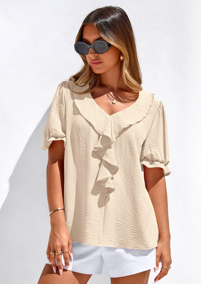 PRETTYGARDEN Women's Summer Dressy Casual Blouses Short Sleeve V Neck Ruffle Going Out Tops Shirt Trendy Spring Outfits PRETTYGARDEN