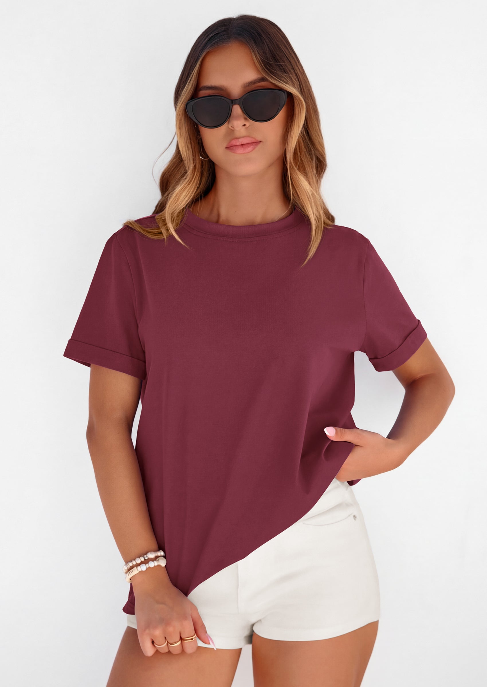 PRETTYGARDEN Womens Summer Tops Spring Casual Rolled Short Sleeve Basic Tees Crew Neck Work Shirts Fashion Clothing PRETTYGARDEN