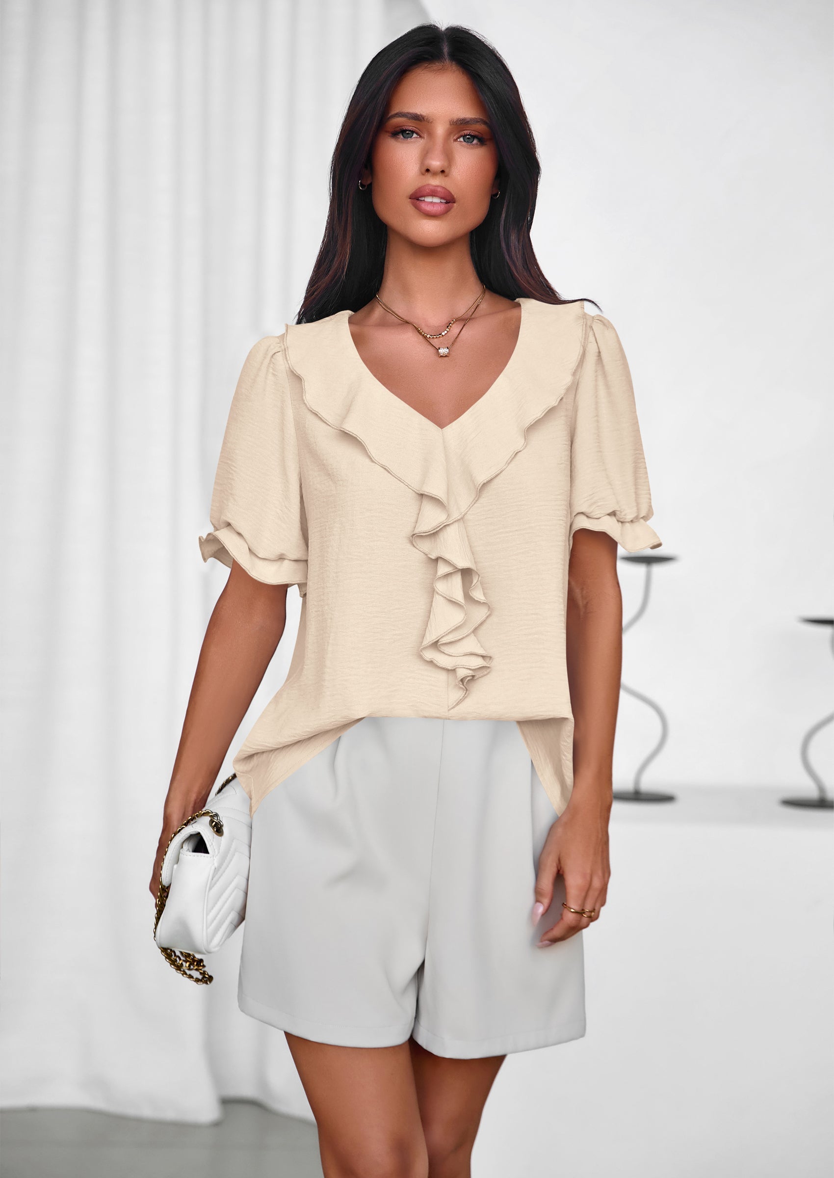 PRETTYGARDEN Women's Summer Dressy Casual Blouses Short Sleeve V Neck Ruffle Going Out Tops Shirt Trendy Spring Outfits PRETTYGARDEN