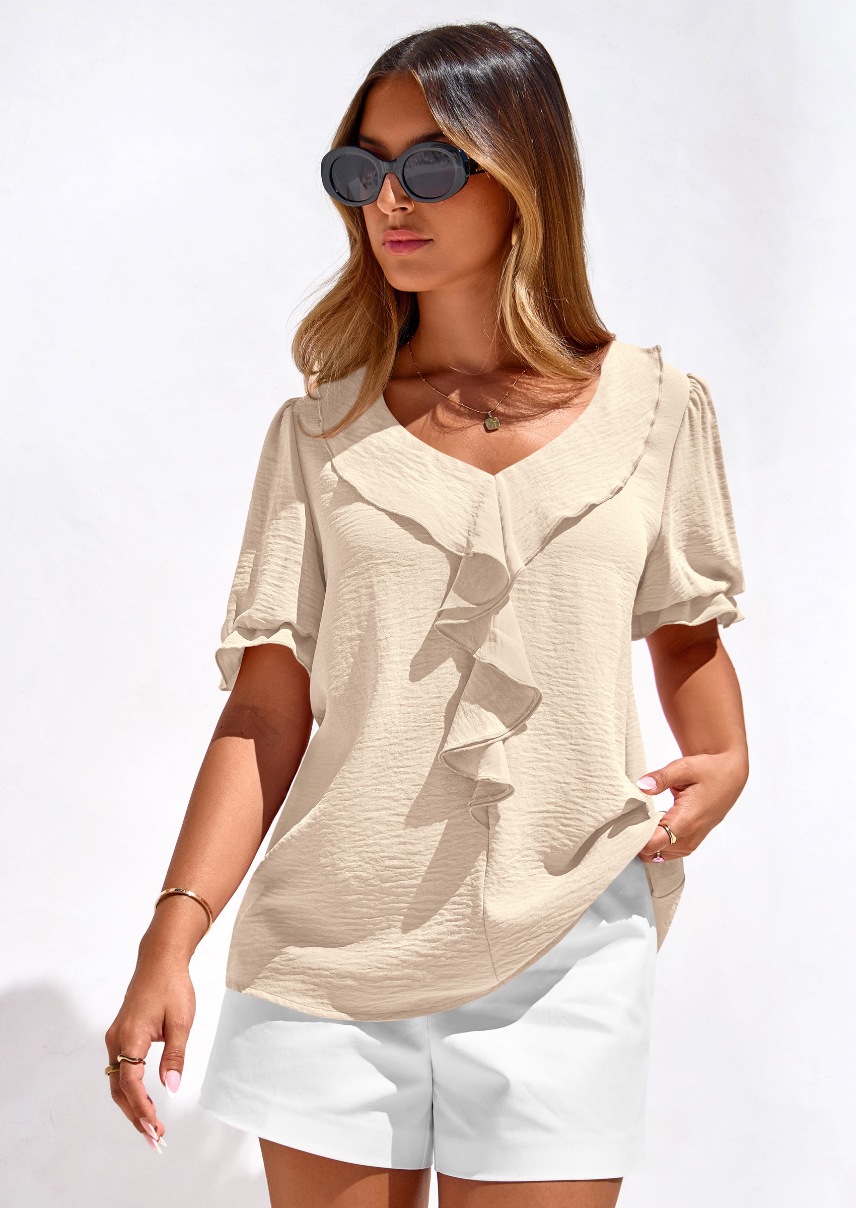 PRETTYGARDEN Women's Summer Dressy Casual Blouses Short Sleeve V Neck Ruffle Going Out Tops Shirt Trendy Spring Outfits PRETTYGARDEN