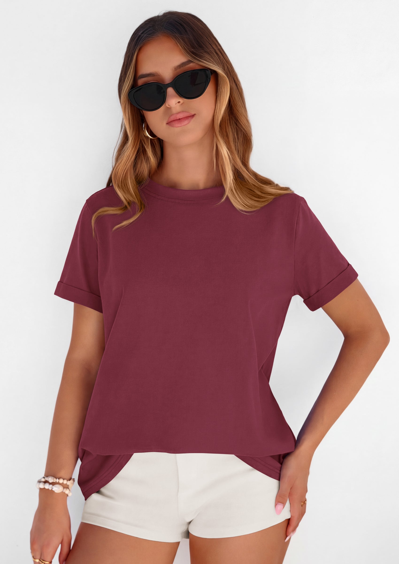 PRETTYGARDEN Womens Summer Tops Spring Casual Rolled Short Sleeve Basic Tees Crew Neck Work Shirts Fashion Clothing PRETTYGARDEN