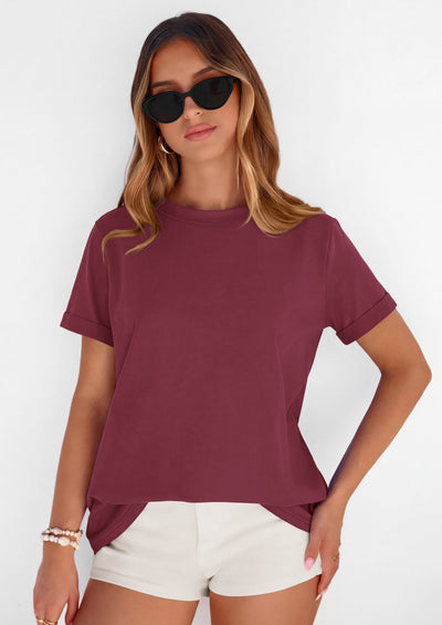 PRETTYGARDEN Womens Summer Tops Spring Casual Rolled Short Sleeve Basic Tees Crew Neck Work Shirts Fashion Clothing PRETTYGARDEN