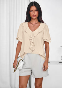 PRETTYGARDEN Women's Summer Dressy Casual Blouses Short Sleeve V Neck Ruffle Going Out Tops Shirt Trendy Spring Outfits PRETTYGARDEN