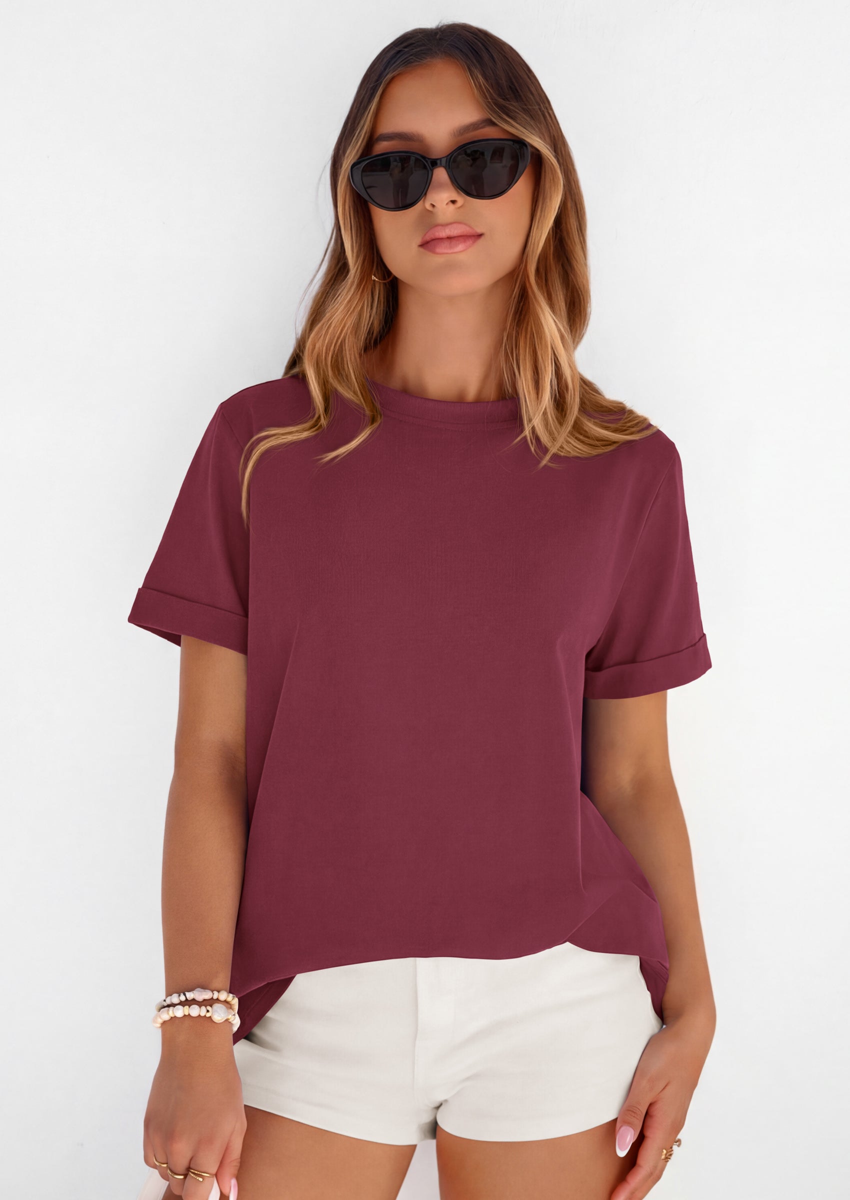 PRETTYGARDEN Womens Summer Tops Spring Casual Rolled Short Sleeve Basic Tees Crew Neck Work Shirts Fashion Clothing PRETTYGARDEN