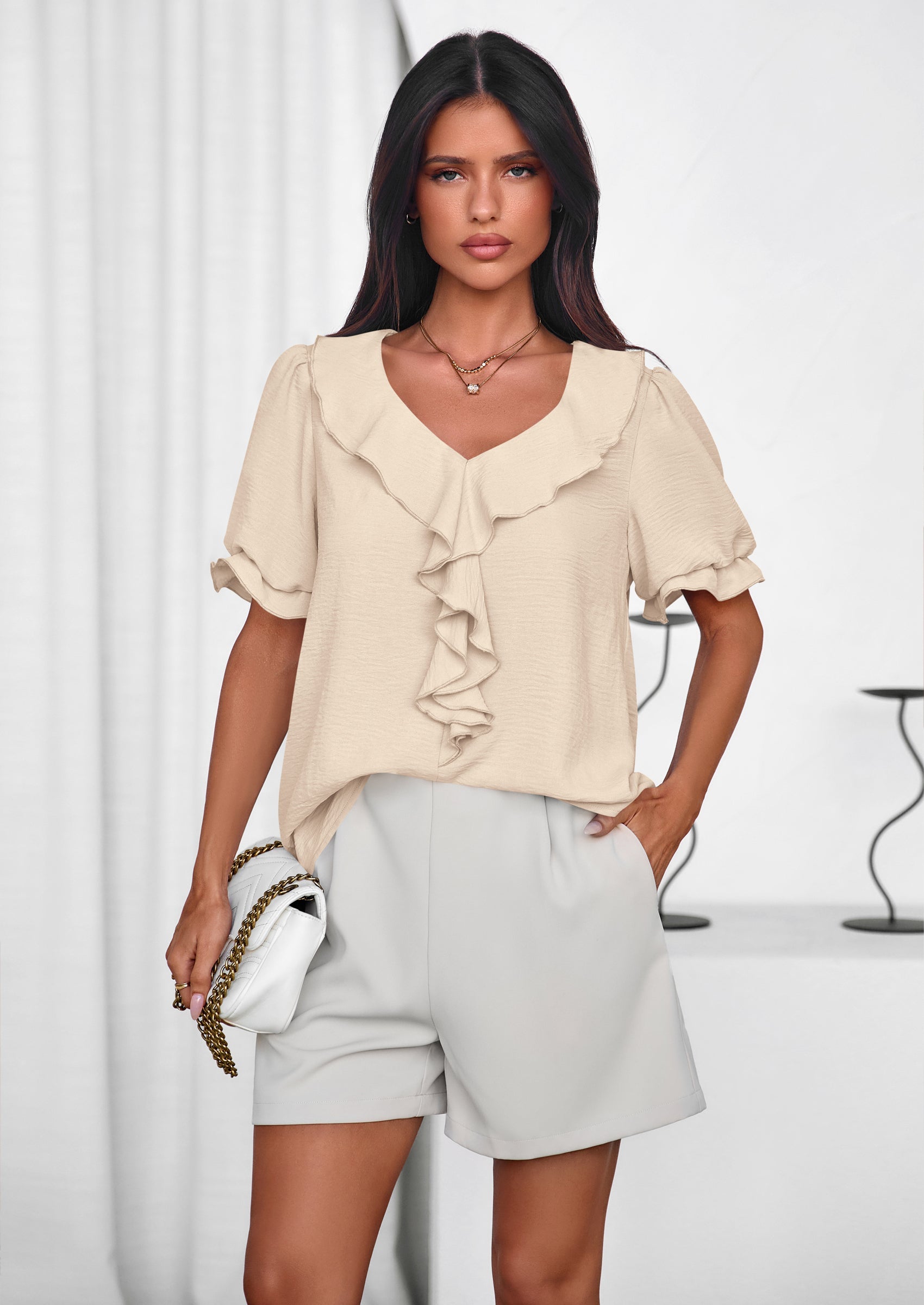 PRETTYGARDEN Women's Summer Dressy Casual Blouses Short Sleeve V Neck Ruffle Going Out Tops Shirt Trendy Spring Outfits PRETTYGARDEN