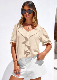 PRETTYGARDEN Women's Summer Dressy Casual Blouses Short Sleeve V Neck Ruffle Going Out Tops Shirt Trendy Spring Outfits PRETTYGARDEN