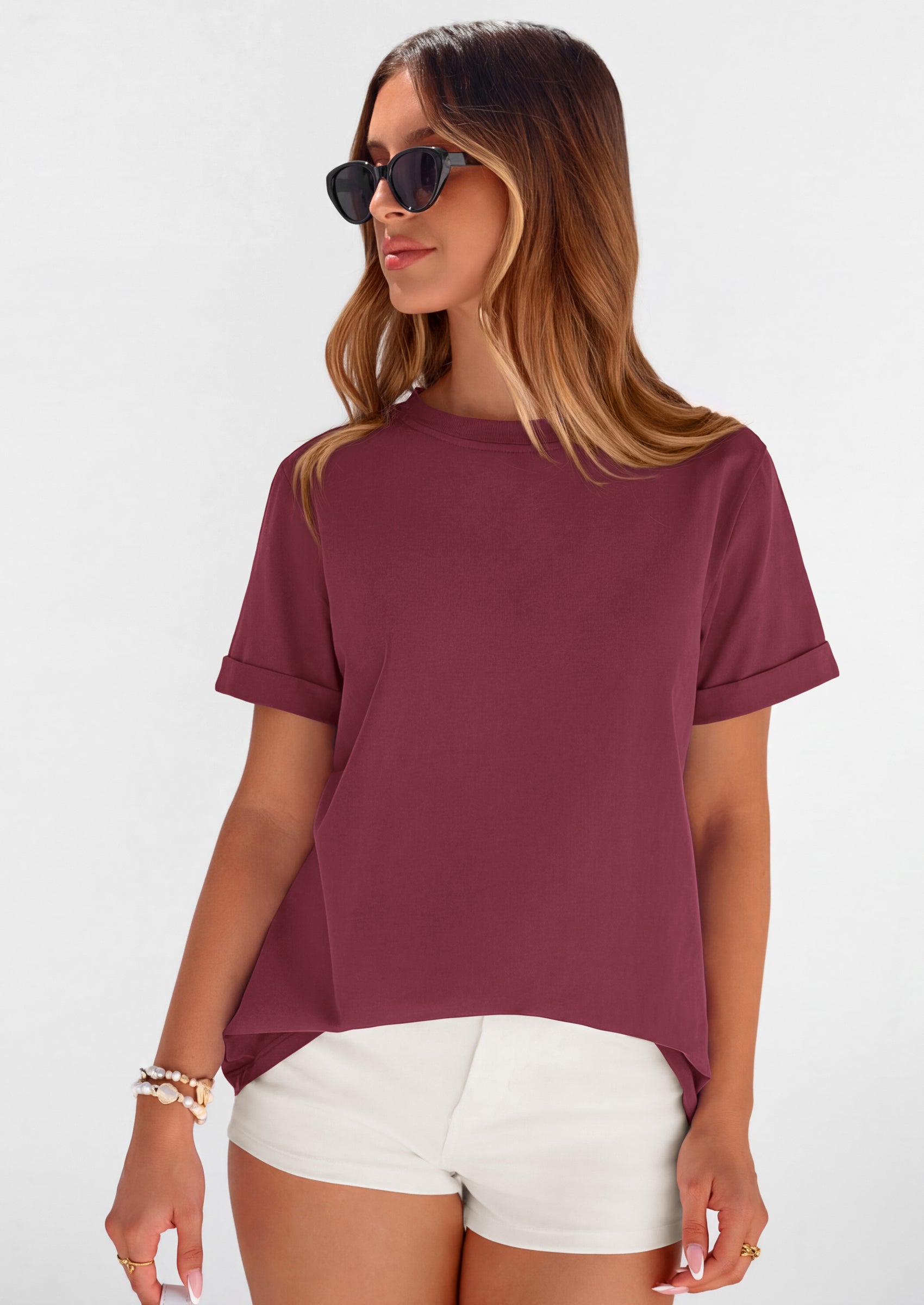 PRETTYGARDEN Womens Summer Tops Spring Casual Rolled Short Sleeve Basic Tees Crew Neck Work Shirts Fashion Clothing PRETTYGARDEN