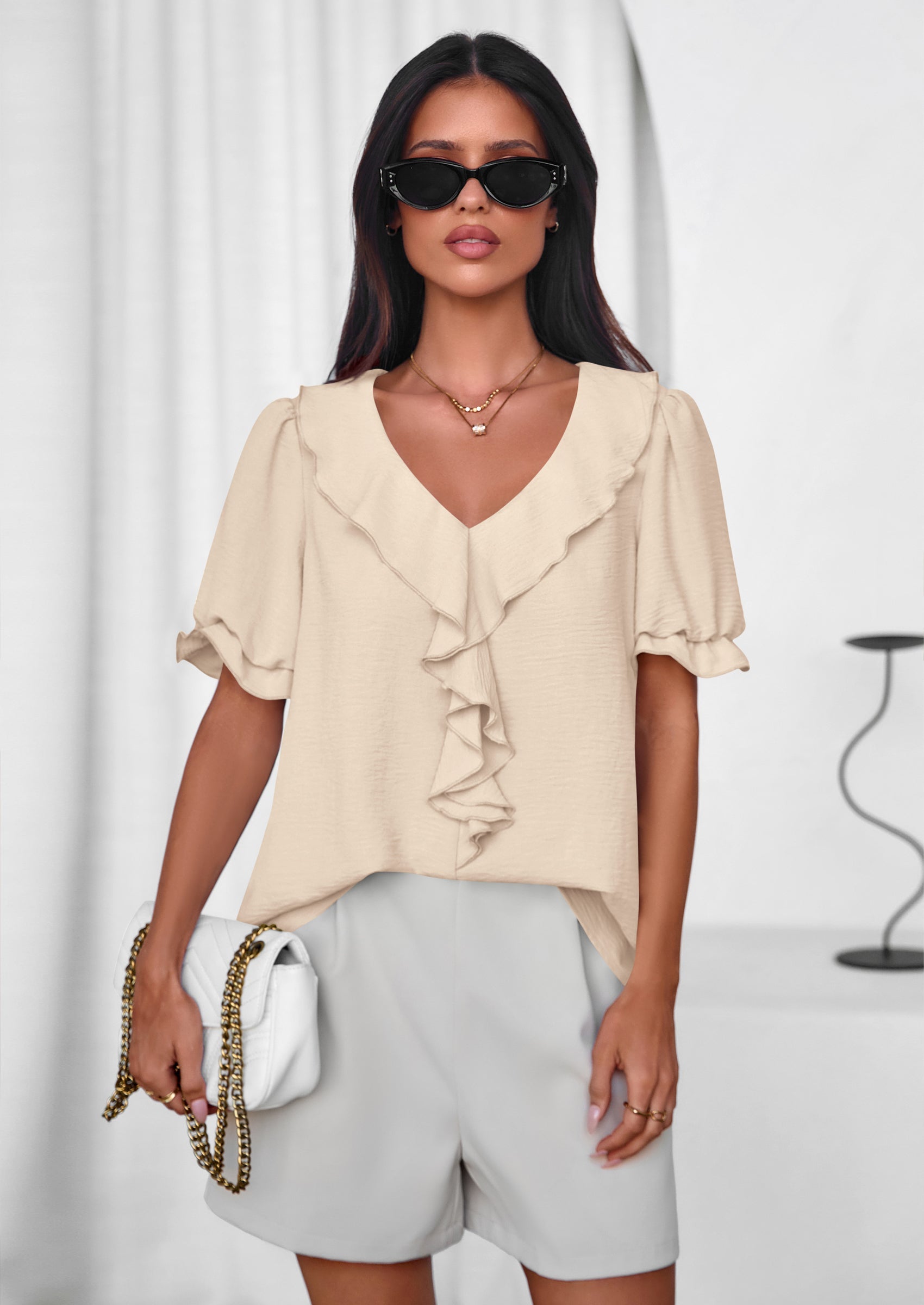 PRETTYGARDEN Women's Summer Dressy Casual Blouses Short Sleeve V Neck Ruffle Going Out Tops Shirt Trendy Spring Outfits PRETTYGARDEN