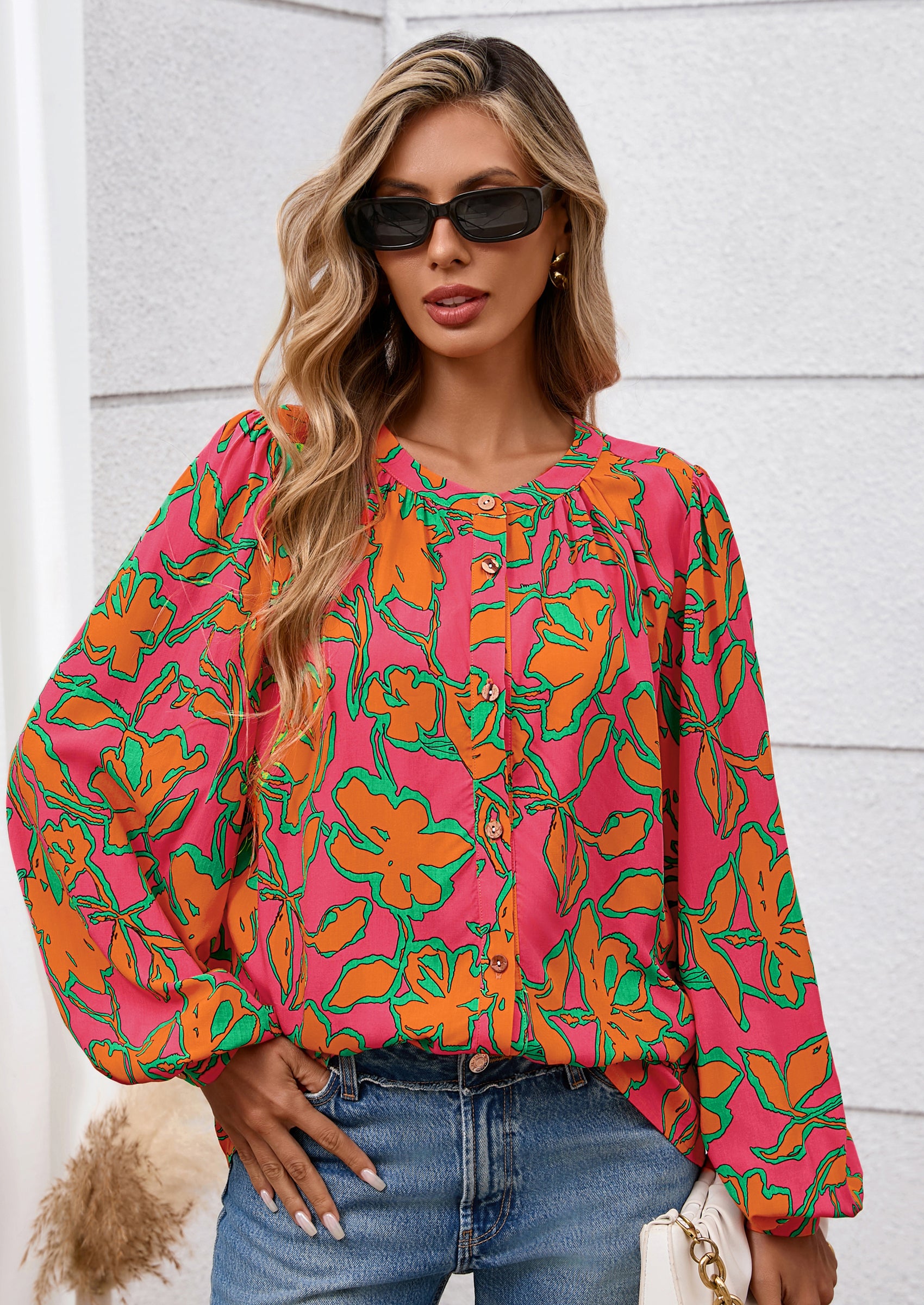 PRETTYGARDEN Women's Floral Button Down Blouse Fall Fashion Dressy Casual Long Sleeve Oversized Shirts Top Boho Clothes