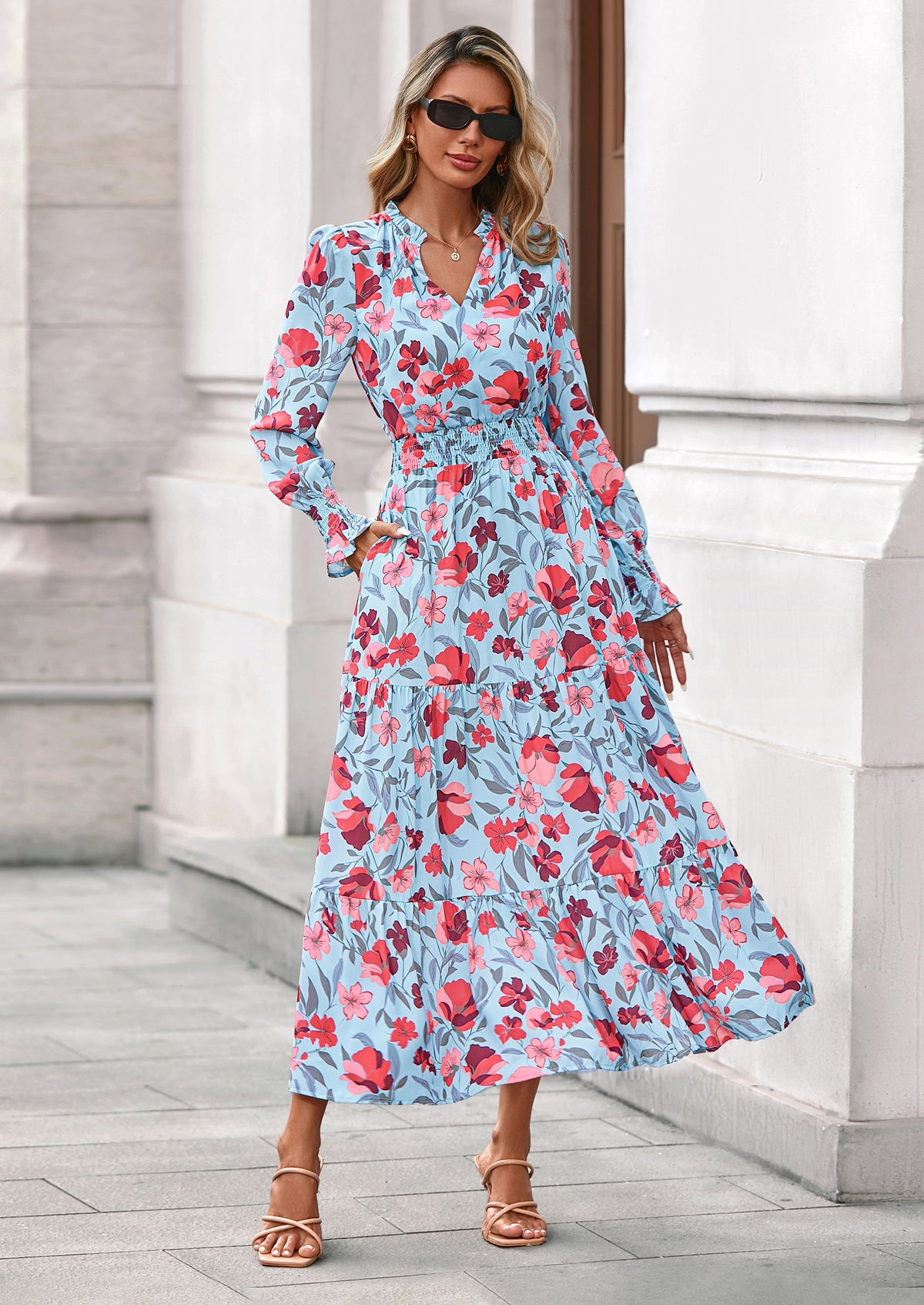 PRETTYGARDEN Women's Floral Maxi Dress Spring Long Sleeve V Neck Casual A Line Long Flowy Boho Party Dresses PRETTYGARDEN