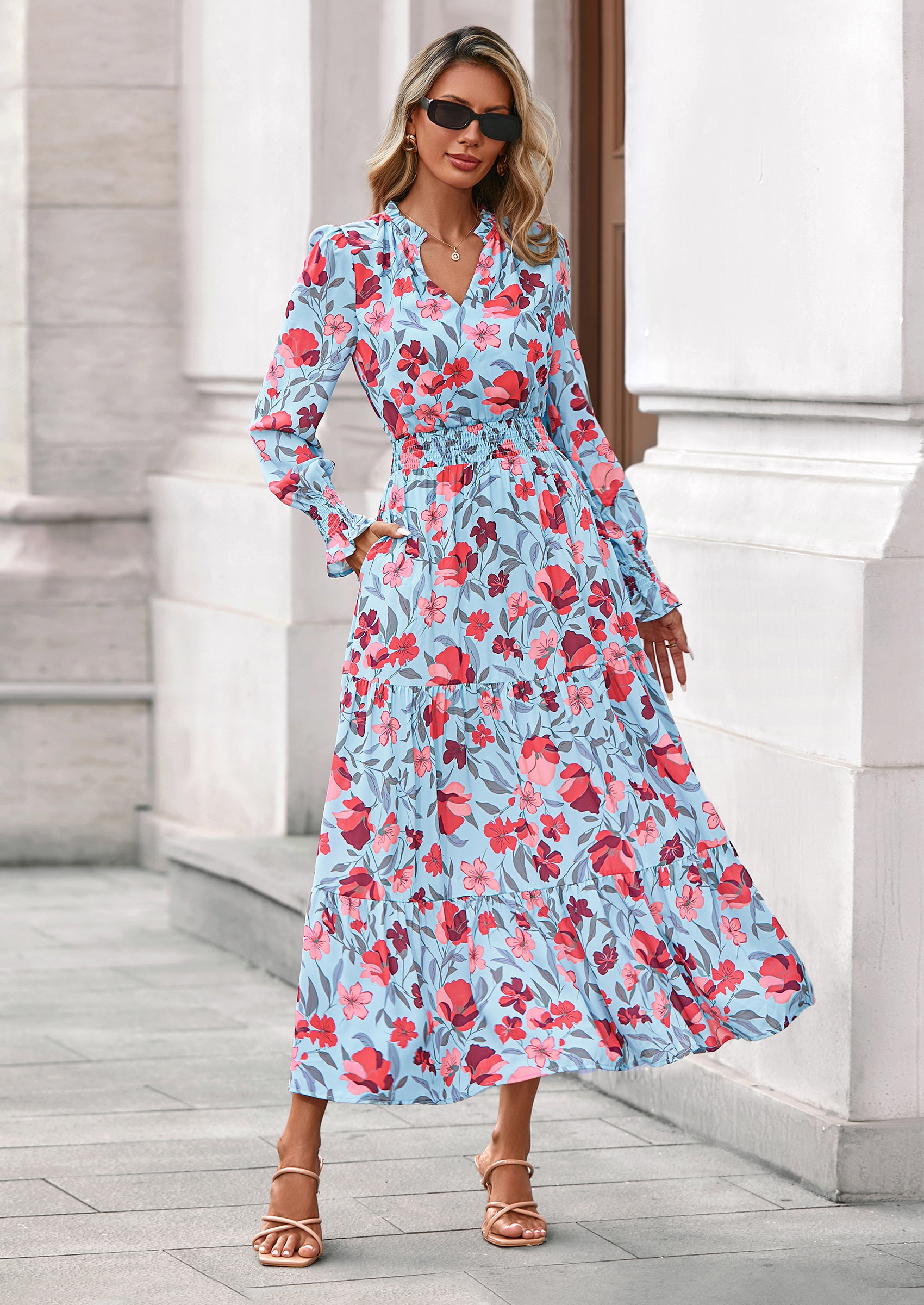 PRETTYGARDEN Women's Floral Maxi Dress Spring Long Sleeve V Neck Casual A Line Long Flowy Boho Party Dresses