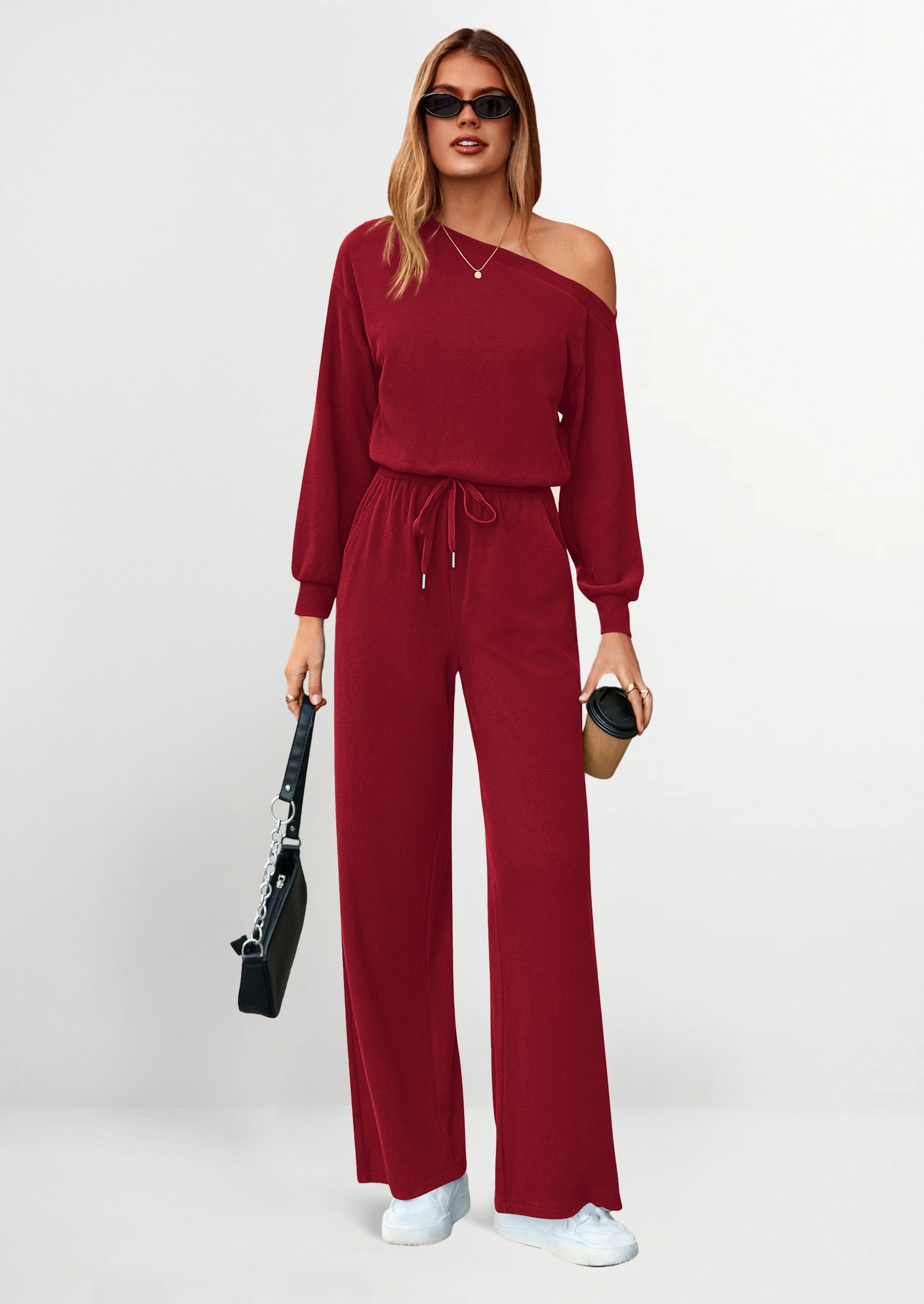 PRETTYGARDEN Long Sleeve Jumpsuit For Women Dressy Off Shoulder One Piece Loose Wide Leg Jumpsuits Casual Flowy Romper