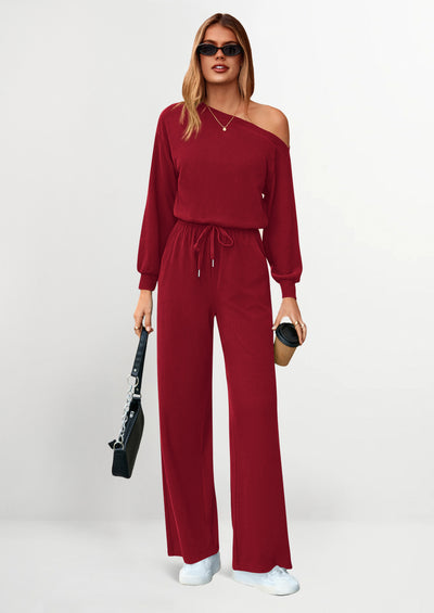 PRETTYGARDEN Long Sleeve Jumpsuit For Women Dressy Off Shoulder One Piece Loose Wide Leg Jumpsuits Casual Flowy Romper