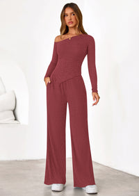 PRETTYGARDEN Casual Two Piece Sets for Women Fall Outfits Asymmetrical Off Shoulder Tops Wide Leg Pants Knit Lounge Set