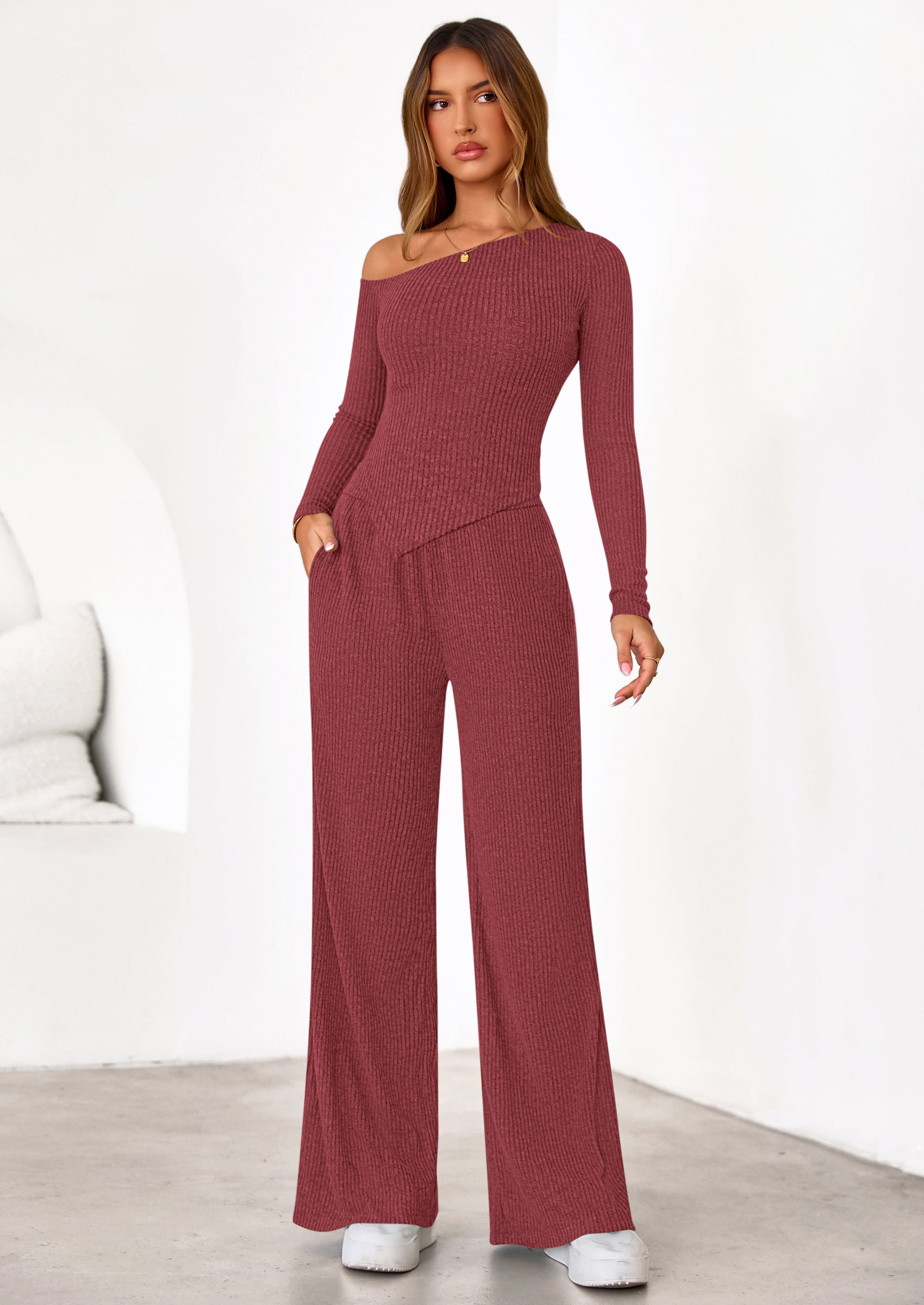 PRETTYGARDEN Casual Two Piece Sets for Women Fall Outfits Asymmetrical Off Shoulder Tops Wide Leg Pants Knit Lounge Set