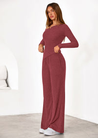 PRETTYGARDEN Casual Two Piece Sets for Women Fall Outfits Asymmetrical Off Shoulder Tops Wide Leg Pants Knit Lounge Set