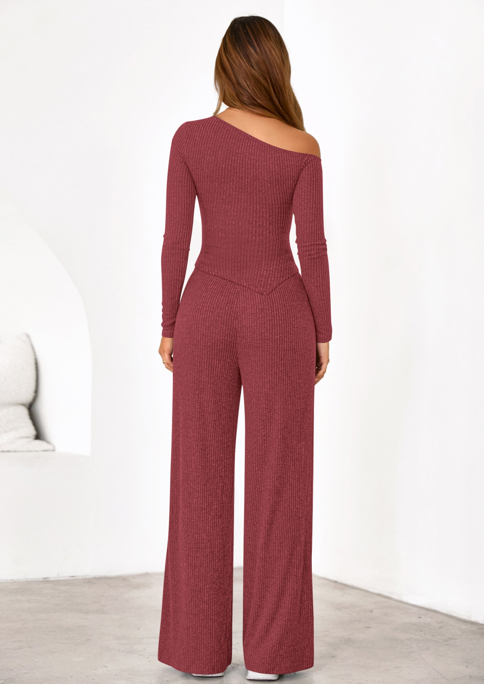 PRETTYGARDEN Casual Two Piece Sets for Women Fall Outfits Asymmetrical Off Shoulder Tops Wide Leg Pants Knit Lounge Set