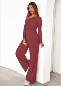 PRETTYGARDEN Casual Two Piece Sets for Women Fall Outfits Asymmetrical Off Shoulder Tops Wide Leg Pants Knit Lounge Set