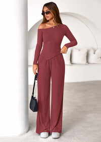 PRETTYGARDEN Casual Two Piece Sets for Women Fall Outfits Asymmetrical Off Shoulder Tops Wide Leg Pants Knit Lounge Set