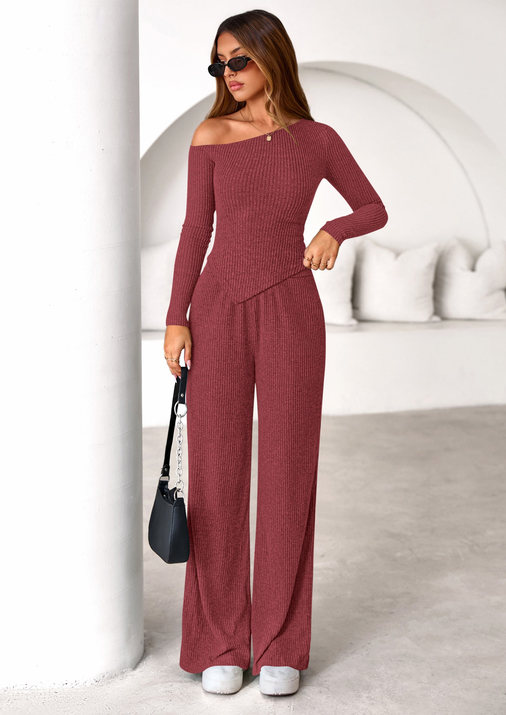 PRETTYGARDEN Casual Two Piece Sets for Women Fall Outfits Asymmetrical Off Shoulder Tops Wide Leg Pants Knit Lounge Set