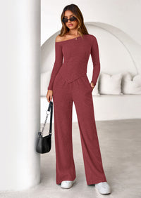 PRETTYGARDEN Casual Two Piece Sets for Women Fall Outfits Asymmetrical Off Shoulder Tops Wide Leg Pants Knit Lounge Set