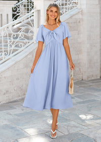 PRETTYGARDEN Summer Dress for Women Casual Short Sleeve Bow Tie V Neck Ruffle Midi Flowy Dresses