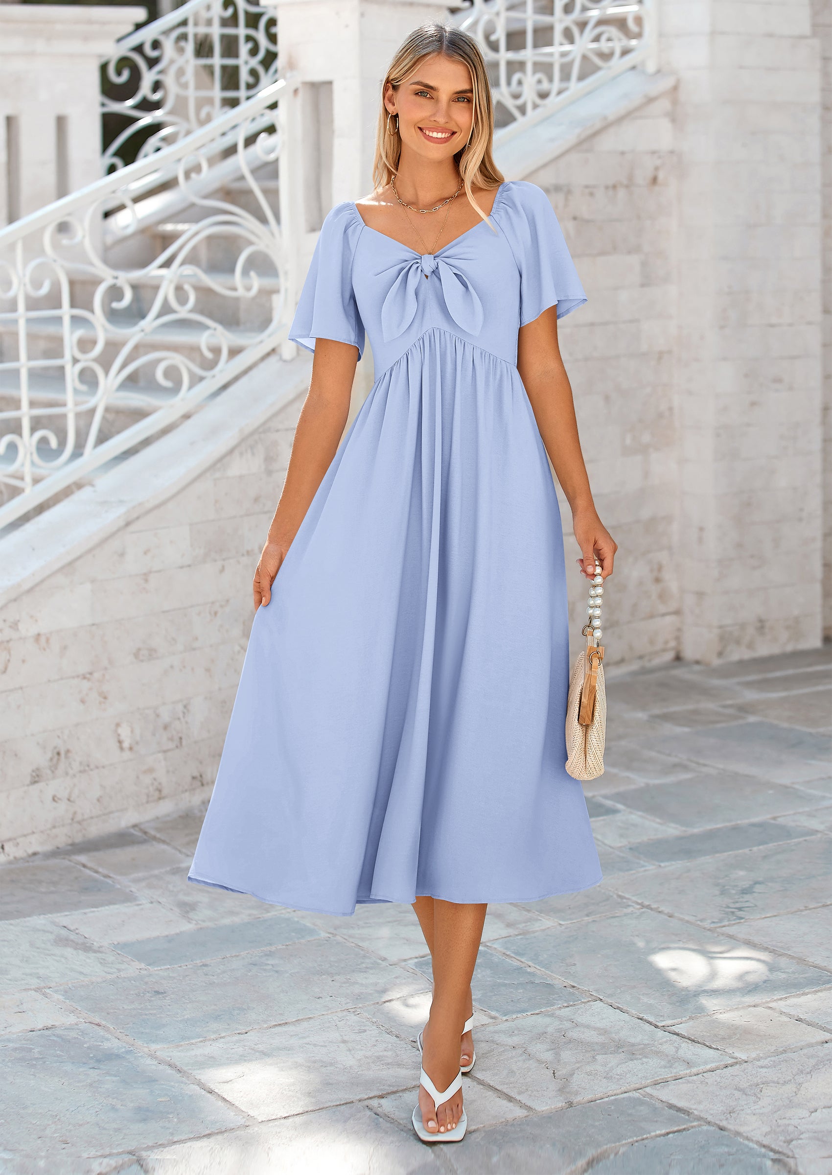 PRETTYGARDEN Summer Dress for Women Casual Short Sleeve Bow Tie V Neck Ruffle Midi Flowy Dresses