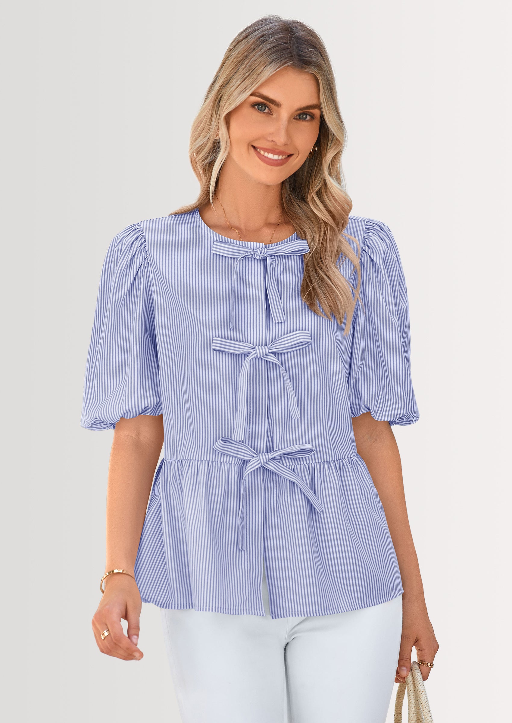 PRETTYGARDEN Women's Tie Front Striped Shirt Summer Trendy Fashion Cute Babydoll Tops Peplum Puffy Sleeve Blouse