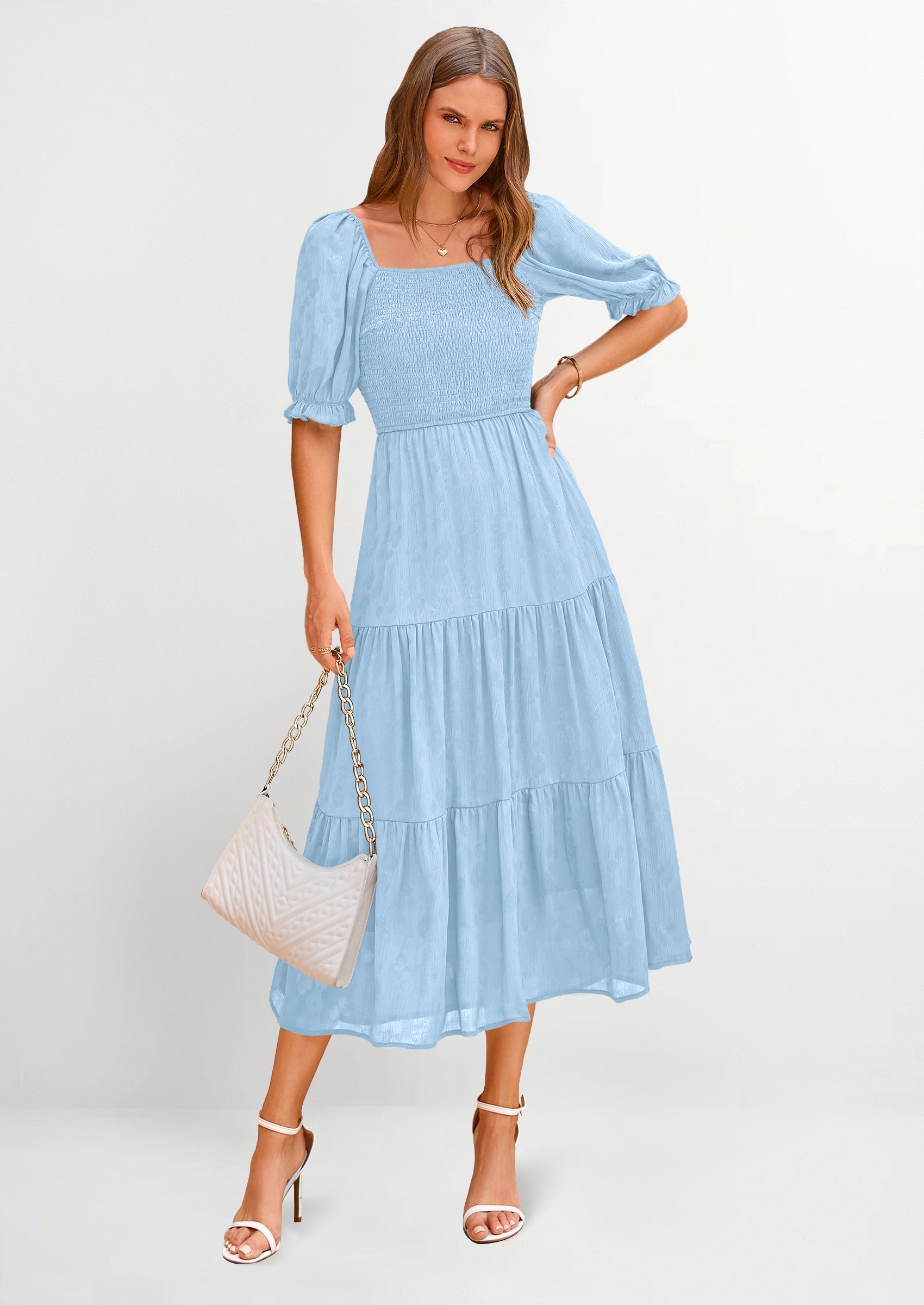 PRETTYGARDEN Women's Casual Midi Dresses Square Neck Short Sleeve Smocked A Line Floral Flowy Elegant Boho Dress