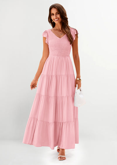 PRETTYGARDEN Women's Flowy Maxi Dress Casual Cap Sleeve V Neck Smocked Beach Sundress