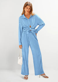 PRETTYGARDEN 2 Piece Textured Sets Casual Button Down Shirt Wide Leg Pants Outfit Loungewear Tracksuit