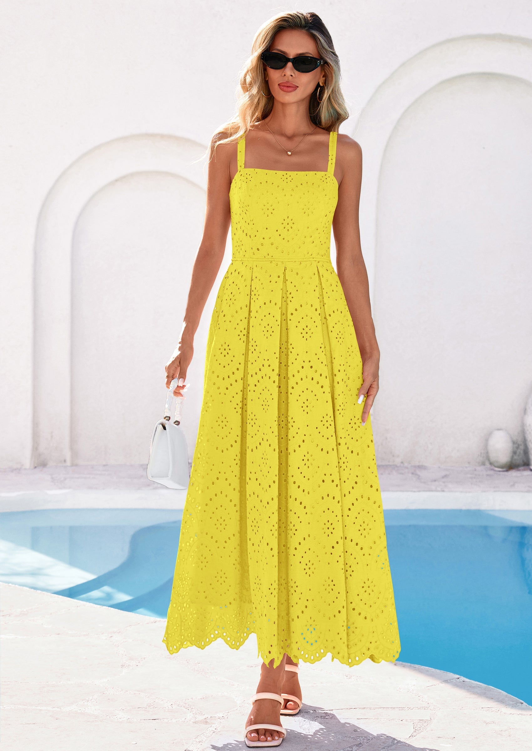 PRETTYGARDEN Womens Sleeveless Maxi Summer Dresses Hollow Out Eyelet Square Neck Ruffle Flowy Beach Vacation Sundress PRETTYGARDEN