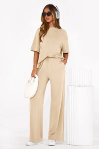 PRETTYGARDEN Women's Summer 2 Piece Lounge Set Short Sleeve Tops Wide Leg Pants Spring Vacation Travel Outfits Clothes PRETTYGARDEN