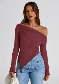 PRETTYGARDEN Women's Spring Long Sleeve Y2K Crop Top Trendy Off Shoulder Asymmetrical Fitted Knit Tee Shirts Going Out Tops