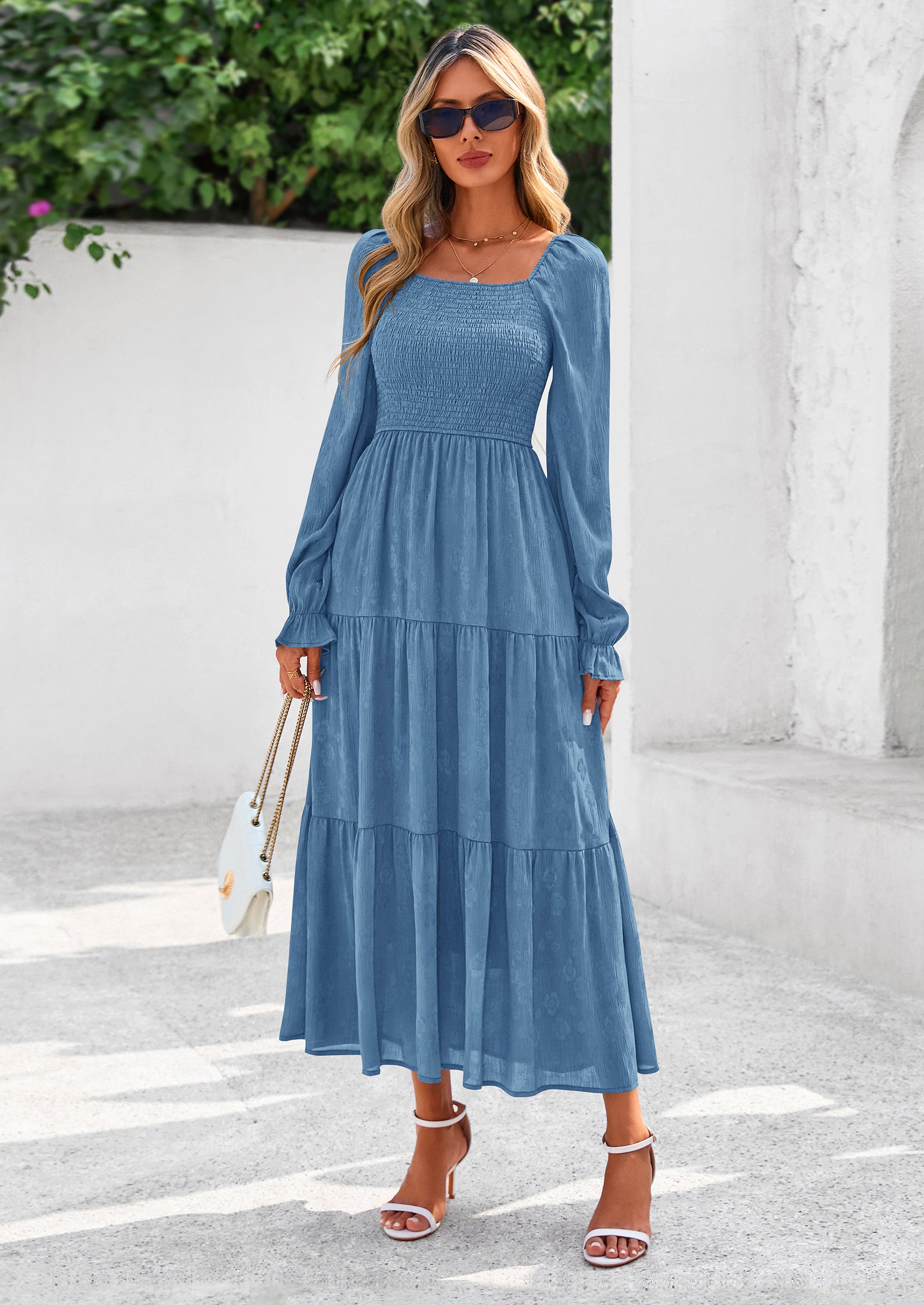 PRETTYGARDEN Fall Wedding Guest Dresses for Women Floral Long Sleeve Smocked Tiered Elegant Long Flowy Boho Dress