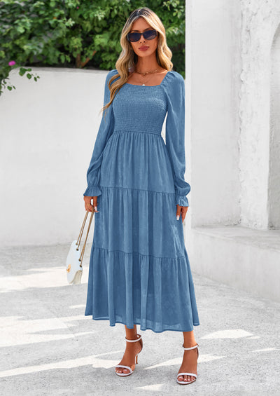 PRETTYGARDEN Fall Wedding Guest Dresses for Women Floral Long Sleeve Smocked Tiered Elegant Long Flowy Boho Dress