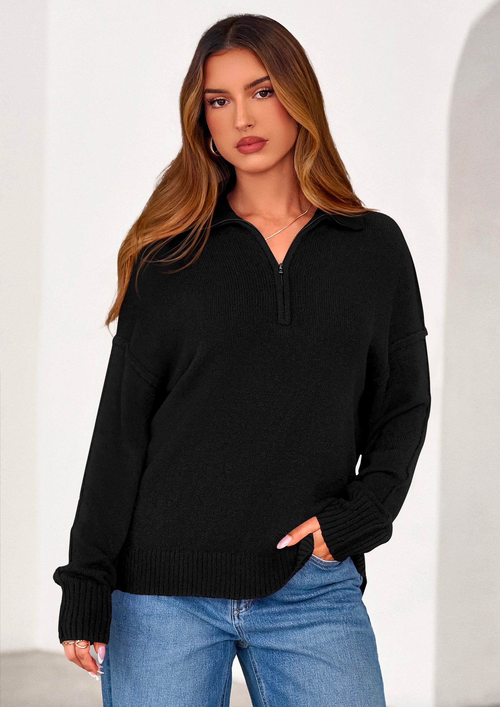 PRETTYGARDEN Womens Sweaters Quarter Zip Pullover Early Fall Fashion Long Sleeve V Neck Collared Knit Winter Jumper Tops