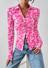 PRETTYGARDEN Women Button Down Floral Shirts Fall Trendy Long Sleeve V Neck Ruched Fitted Mesh Blouse Tops Date Outfits