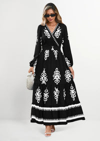 PRETTYGARDEN Women's Fall Wedding Guest Dresses Boho Floral Long Sleeve V Neck Flowy Elegant Maxi Dress Beach Clothes