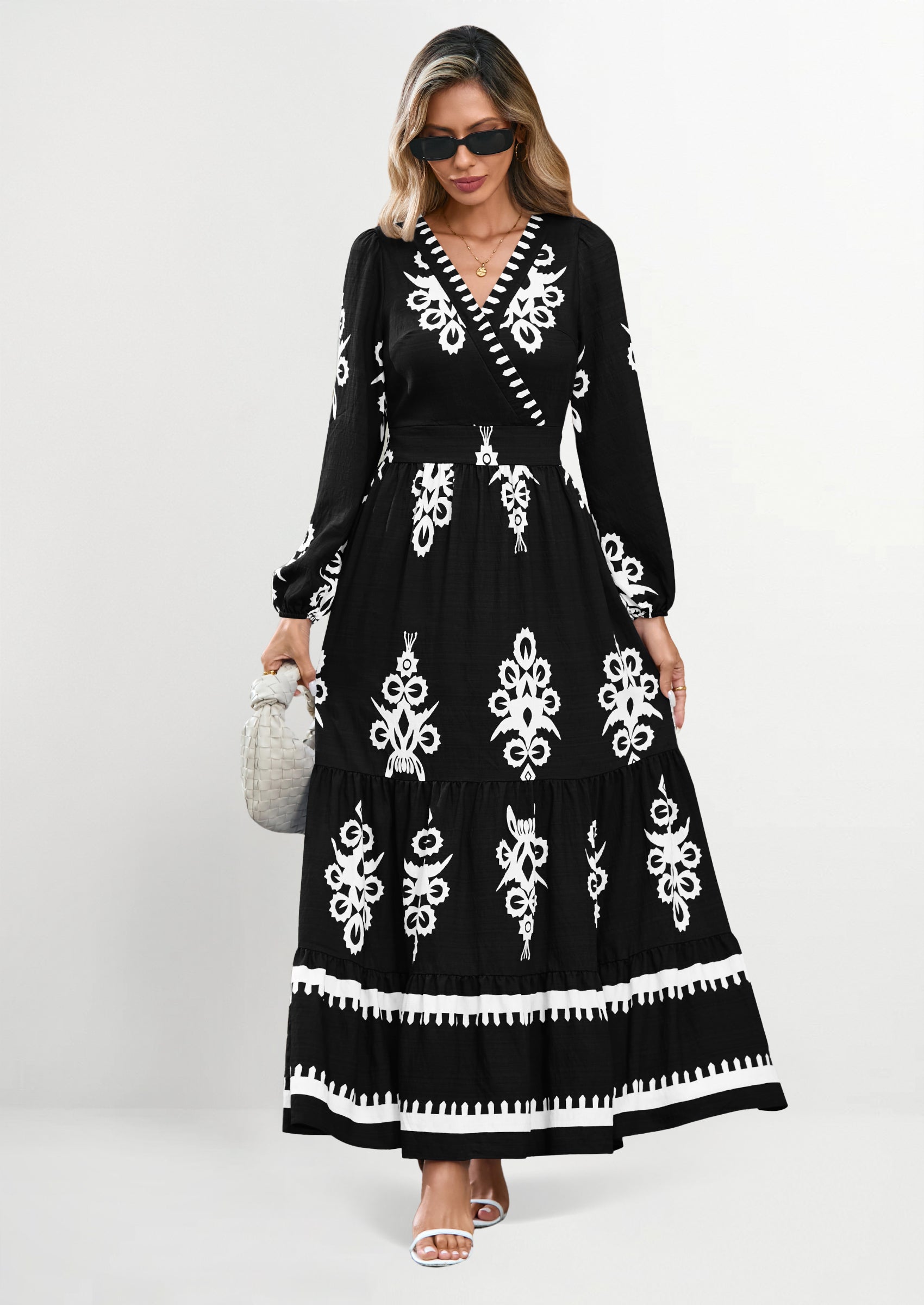 PRETTYGARDEN Women's Fall Wedding Guest Dresses Boho Floral Long Sleeve V Neck Flowy Elegant Maxi Dress Beach Clothes